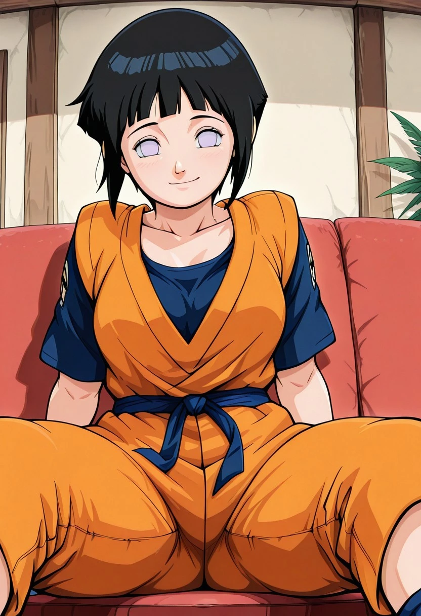 masterpiece,best quality,amazing quality, 1girl,genhinata,1girl, black hair, short hair, light violet eyes, no pupils,  orange dougi,  orange sleevelees dougi, Blue Tshirt under dougi, wristband, orange pants, blue footwear, boots, blue sash,sandals, capri pants, breast, smile, looking at viewer, solo, sitting on coach, living room, smile, outdoors, batte pose, palm, plam fighting style,