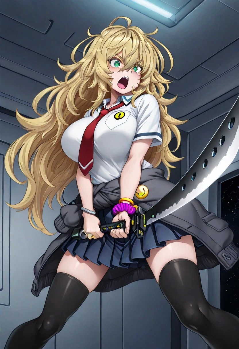 anime coloring, M4j0r4, (dark shading 1.4), indoors, dark, night time, space station, masterpiece, best quality, solo,
1girl, n4t4l13_fl3tch3r, green eyes, blonde hair, hair between eyes, messy hair, very long hair, large breasts,
school uniform, red necktie, short sleeves, wrist scrunchie, dark grey sweater around waist, smiley face button, blue pleated skirt, black thighhighs,
(anime screenshot), bold lines, high contrast, dramatic shadows, rough textures, strong comic book aesthetic,
<lora:sunrise-stance-illustriousxl-lora-nochekaiser:1>, sunrise stance, weapon, sword, solo, open mouth, holding weapon, holding, holding sword, sharp details,