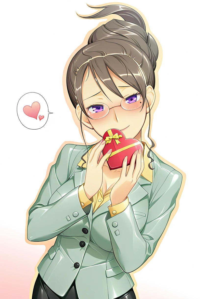 masterpiece, best quality, amazing quality, very aesthetic, absurdres, ultra detailed,
girl, solo, hyuug@_sa3na, purple eyes, brown hair, mole under eye, mature female, hair up, glasses, shiny skin BREAK formal, collarbone, light green jacket, yellow shirt, collared shirt, pencil skirt,
lovestruck, happy, blush, head tilt, looking at viewer, spoken heart, standing, holding heart gift, hand over own mouth, gradient background, white background, front view, upper body, highly detailed, best hands <lora:hyuuga saena v1.0-000013:1>