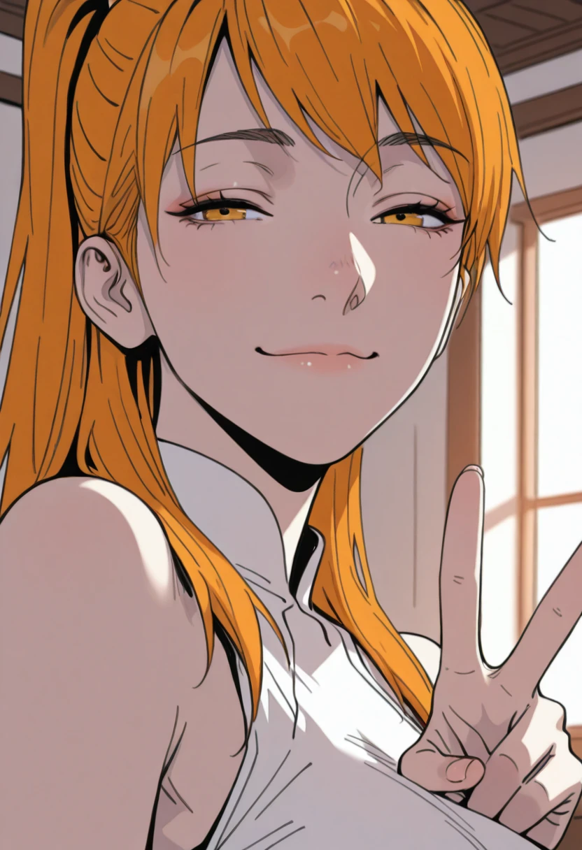 HDR, masterpiece, best quality, very aesthetic, (realistic:1.1), (flat color:1.3),
xiaoninger, 1girl, solo, long hair, breasts, looking at viewer, shirt, orange hair, bare shoulders, ponytail, 
close up, looking at the viewer, smile, half closed eyes, v, indoors,, detailed eyes