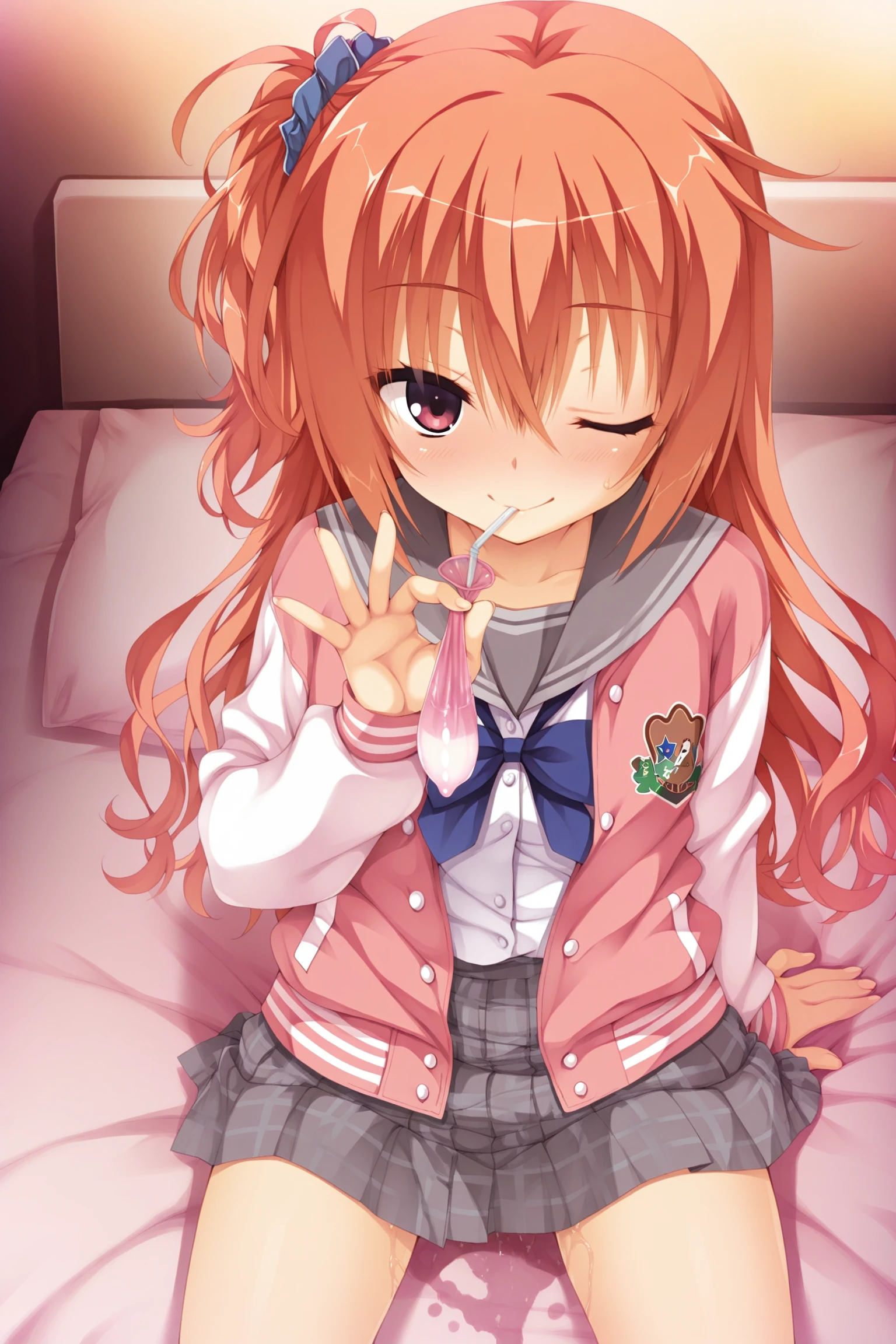 masterpiece,best quality,amazing quality,game cg,, inaba meguru, meguru_school,
orange hair, long hair,red eyes,
one side up,letterman jacket, blue bowtie, blue scrunchie, grey skirt, hair scrunchie, pink jacket, pleated skirt,grey sailor collar,
(drinking from condom,drinking straw in mouth,holding used condom:1.2),, from above,looking at viewer, kogal,naughty face, one eye closed,
sitting_on_bed,(open_clothes:1.2),pussy_juice_stain,sweatdrop,, 1girl,solo,
nsfw,