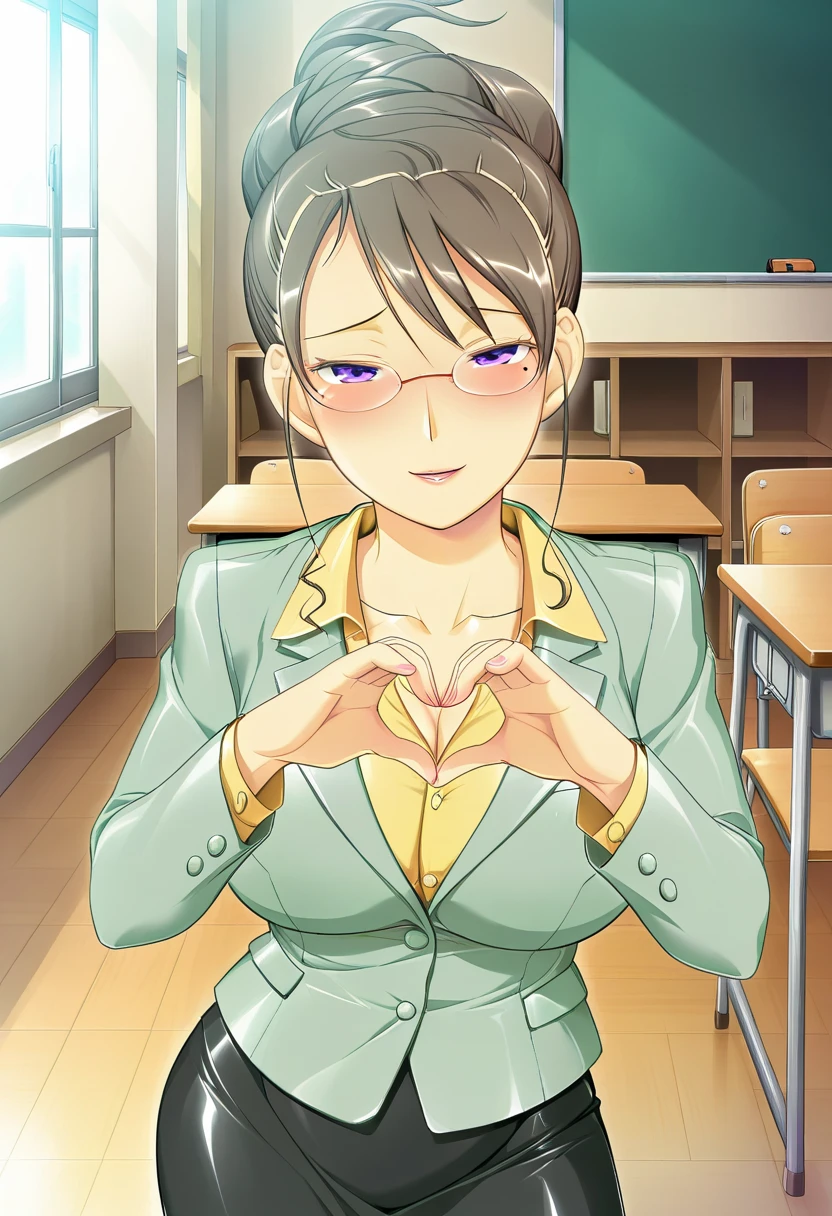 masterpiece, best quality, amazing quality, very aesthetic, absurdres, ultra detailed, 
1girl, solo, hyuug@_sa3na, purple eyes, brown hair, mole under eye, mature female, glasses, hair up, shiny skin BREAK formal, collarbone, light green jacket, yellow shirt, collared shirt, pencil skirt, 
seductive smile, blush, raised eyebrows, looking at viewer, standing, heart hands, in class room, day, sharp focus, depth of field <lora:hyuuga saena  v1.0-000013:1>