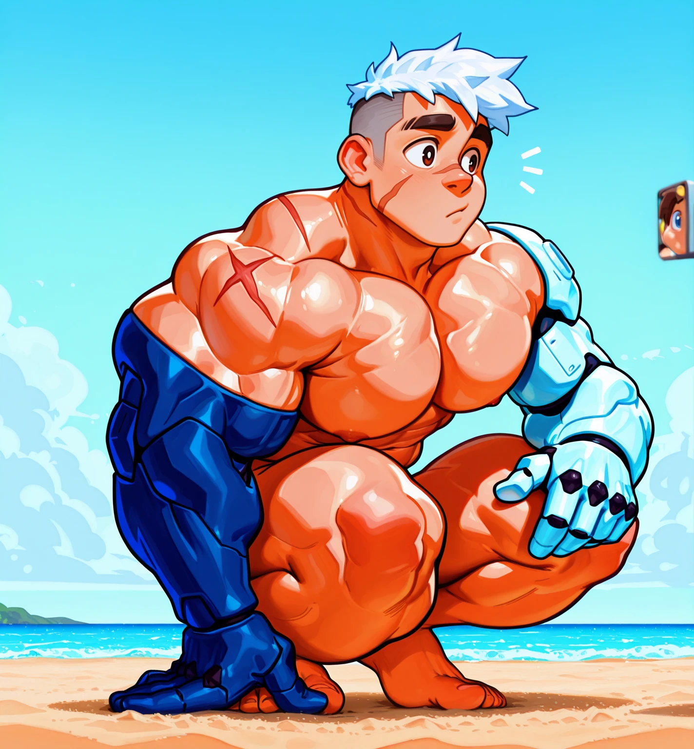 masterpiece, best quality, absurdres, newest, perfect quality, best quality, detailed background, intricate details, bara, (boy, male, male focus:1.5), (human:1.8), <lora:IL_BaraMerge_3:0.35> <lora:NAI_CuteMerge_1.1:0.5> cute, young, (small height, shortstack:1.6), (muscular, big muscles), big pecs, <lora:IL_Char_Shiro:0.57>, Shiro_vol, he has white hair with an undercut and a scar on his face, he has a robotic arm, telephoto shot, Long shot, squatting, curious, beach