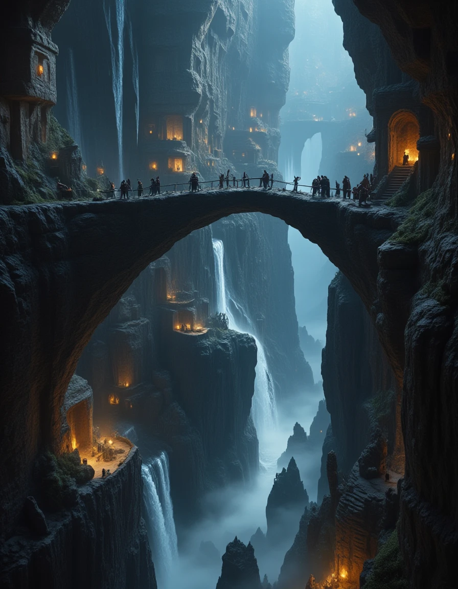 <lora:MW_Dwarven_betaflux:1> mwd01, stone bridges spanning across deep chasms, dwarves walking with lanterns, waterfalls cascading into the abyss, homes carved into cliff sides, glowing windows, epic scale, cinematic perspective, fantasy underground metropolis, dwarven engineering marvel, mist rising from below