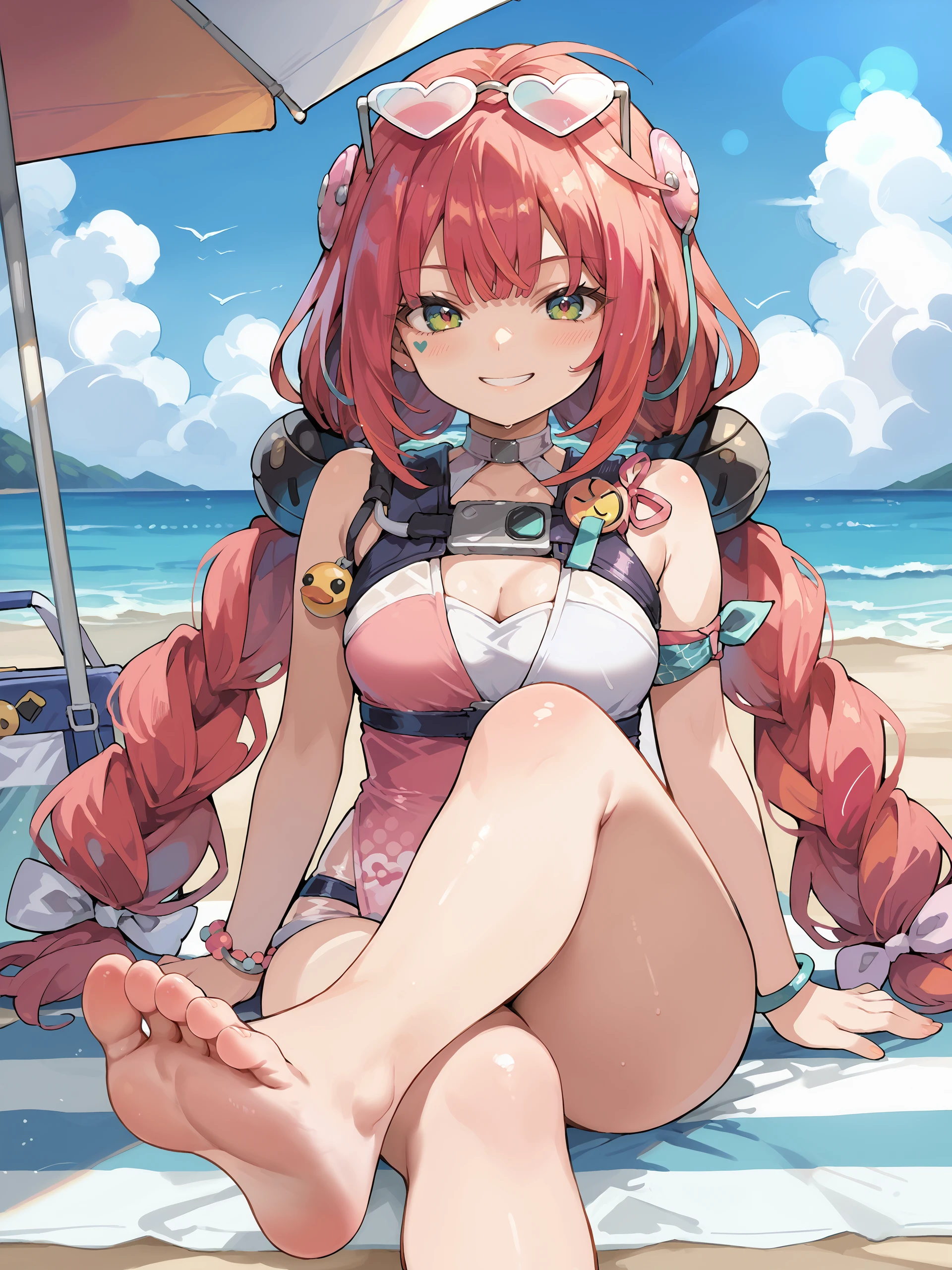 score_9, score_8_up, score_7_up, source_anime, ray tracing, best quality, <lora:Char-ZZZ-Yuzuha-V1-Pony:0.9:hr=0.6>, <lora:style-nora_higuma:0.5> <lora:style-zankuro:0.3> 1girl, ukinami yuzuha, facial mark, solo, twin braids, eyewear on head, sunglasses, pink hairpods, hair bobbles, harness, dress swimsuit, arm ribbon, bead bracelet, wristband, thigh holster, sitting, crossed legs, beach, ocean, blue sky, beach mat, beach umbrella, depth of field, foot focus, no shoes, gasping, , smile