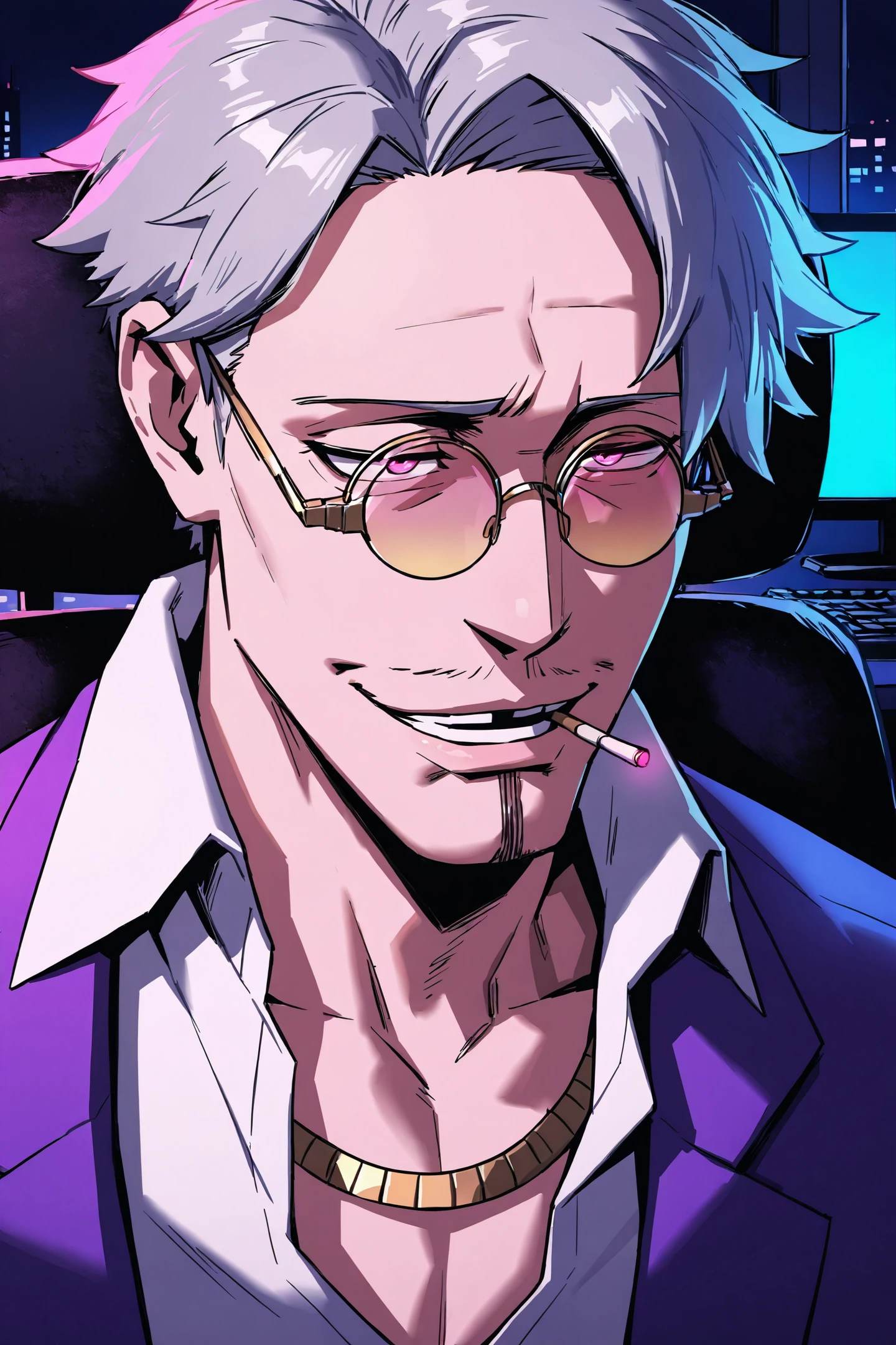 masterpiece, best quality, absurdres, detailed face, character portrait, detailed eyes, night, office, man sitting in desk chair, dynamic lighting, neon glow, closeup,
((1boy, solo)), <lora:Giran_SDXL:1>, centered, mature man, masculine, gray hair, swept hair, pink eyes, purple suit, white shirt, gold-rimmed tinted glasses, gold necklace, open-collar, tooth gap, smirk, smoking a cigarette