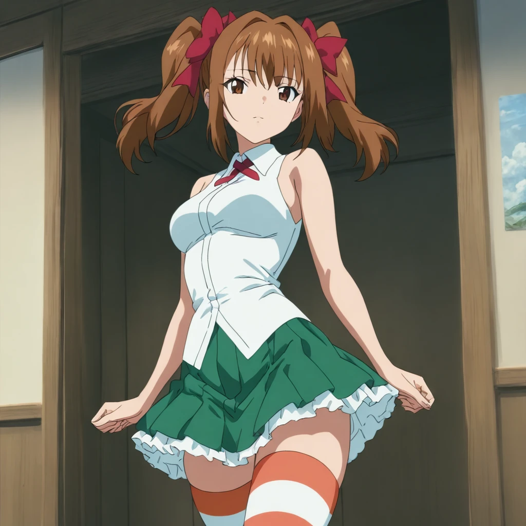 masterpiece,high score,great score,absurdres,anime coloring,looking at viewer,solo,cowboy_shot,<lora:SayakaYukimura ag4o:1> sayakayukimura, brown hair, twintails, hair bow, brown eyes,sleeveless shirt,ribbon,green skirt,striped thighhighs,
