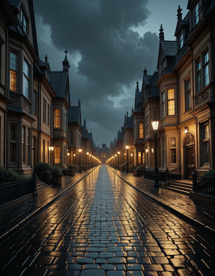 A mysterious and beautiful view of a fantastical Victorian street at night, its cobblestone pavement glistening wet after rain. Gas street lamps cast a soft golden glow along the road, while grand mansions and gothic-style houses line both sides of the street. Their tall windows shine with warm light against the darkness, creating a striking contrast. Above, the deep night sky stretches overhead, filled with drifting clouds that add to the moody, atmospheric scene. No people present.Victorian street 4t n1ght <lora:Victorian_street_4t_n1ght-i:1>, Masterpiece,best quality,hi res,8k,hi res,8k,award winning,(sharp focus, intricate, highly detailed),