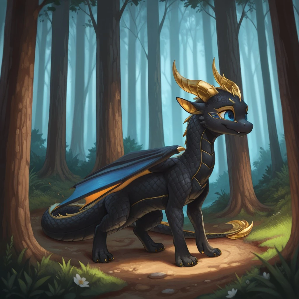 masterpiece, best quality, amazing quality, slvrfxstyleil, feral, dragon, black skin, gold horns, curled horns, wings, blue eyes, standing, in forest, solo, 1girl, <lora:4b1bb181-0596-4248-aa15-371b1389ed8f:1.0>