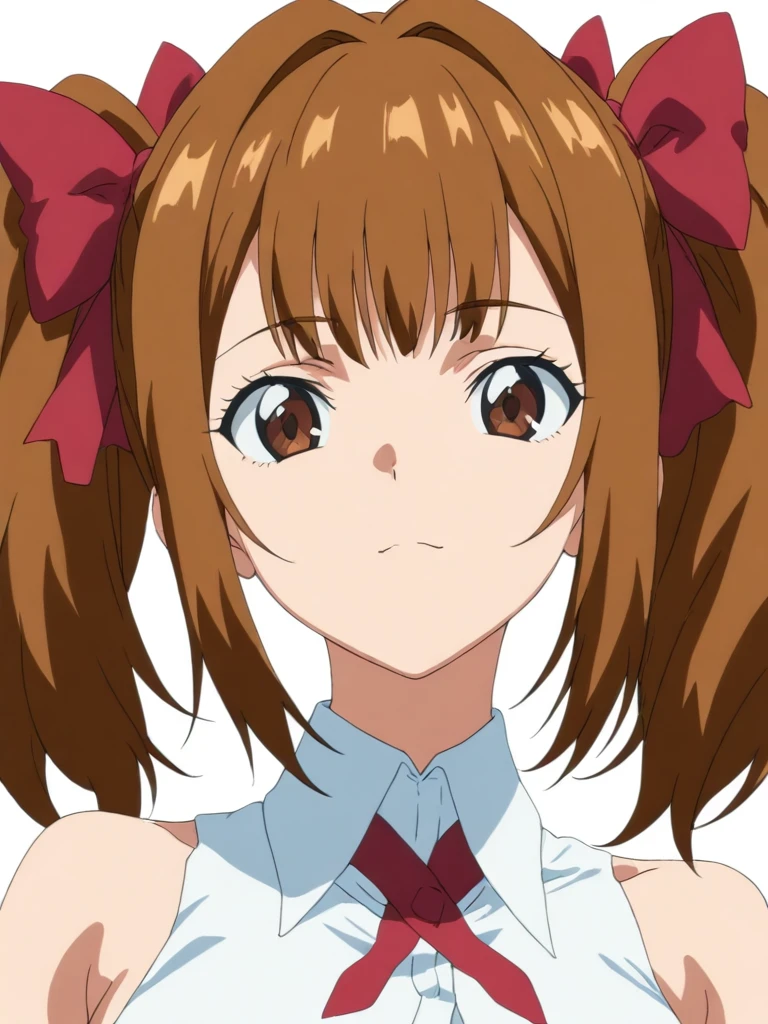 masterpiece,high score,great score,absurdres,anime coloring,looking at viewer,solo,portrait,white background,<lora:SayakaYukimura ag4o:1> sayakayukimura, brown hair, twintails, hair bow, brown eyes,sleeveless shirt,ribbon,