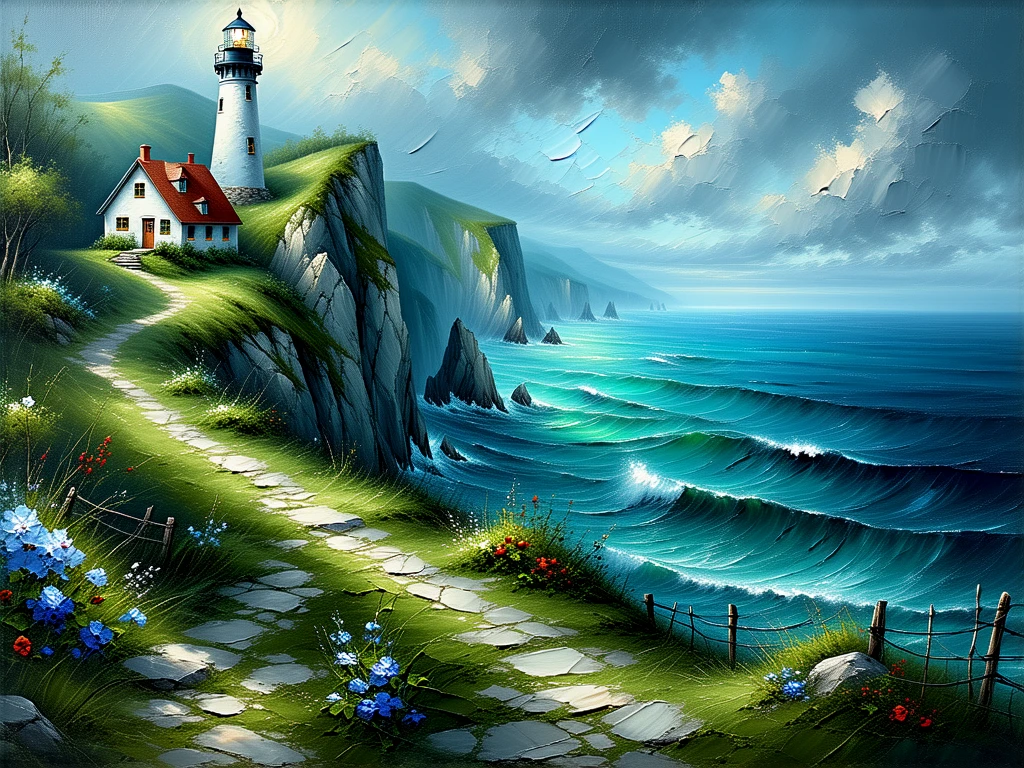Painting on canvas. Textured brushstrokes.
The curve of the bay, cliffs rising from the ocean. A lighthouse at the promontory. A path leads to the lighthouse and a stone cottage.
clscoilCE_style