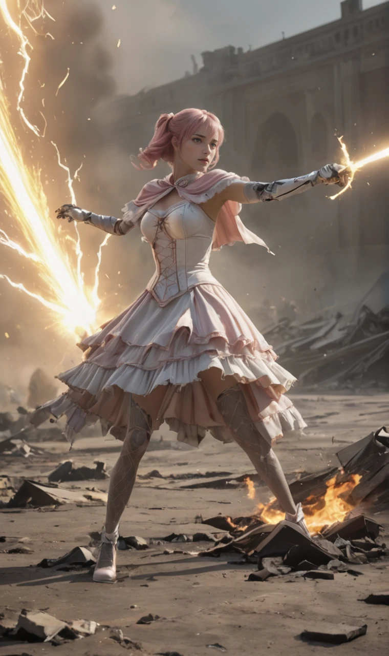 a girl and cyborg terminator are fighting in movie battle scene. girl is in gothic dress and holding rapier sword, fencing. <lora:scamy_iniverse_32_2e4:0.7> scamy, bangs, white dress, pink hair, drill hair,cape,capelet,elbow gloves, in burning river, scorching sun in morning, energy beam,lightning bolt,fire attack on body, motion blur, damage effect.