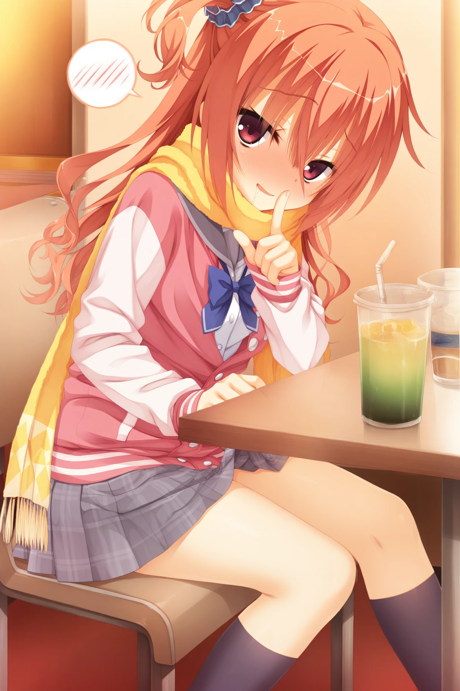 masterpiece,best quality,amazing quality,game cg,, inaba meguru, meguru_school,
orange hair, long hair,red eyes,
one side up,letterman jacket, black socks, blue bowtie, blue scrunchie, grey skirt, hair scrunchie, pink jacket, pleated skirt, loafers,grey sailor collar,
yellow scarf,, from side,table,sitting,blue sailor collar,full-face blush,drooling,drink,finger to mouth,flashing,indoors,looking at viewer,shushing,spoken blush,lift by self,(clothes_pull:0.8),skirt_lift,, 1girl,solo,
nsfw,