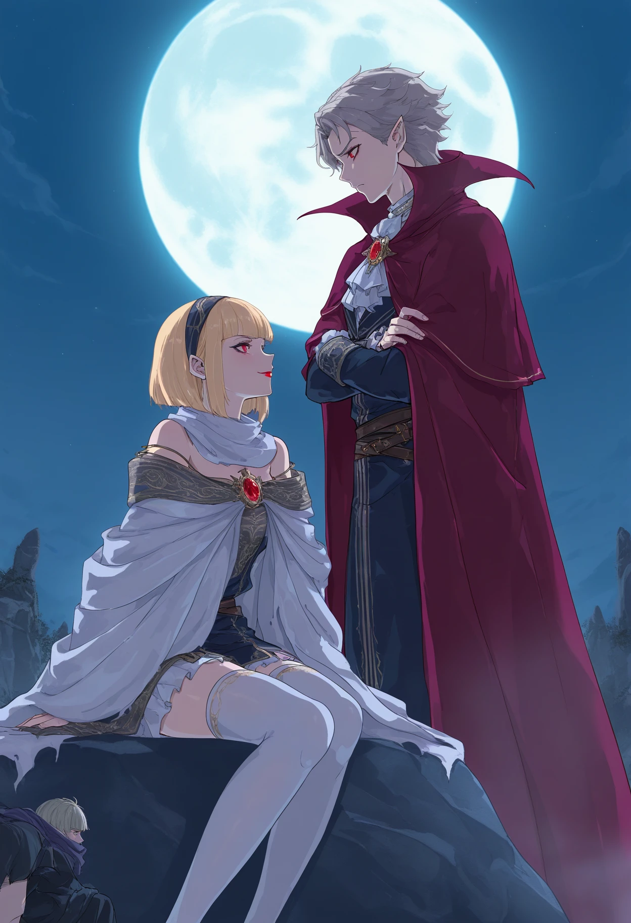 sabportrait, 1boy, 1girl, blonde hair, blunt bangs, brooch, cloak, couple, crossed arms, frown, full moon, grey hair, hairband, hetero, jewelry, lipstick, long sleeves, makeup, moon, night, night sky, off shoulder, outdoors, profile, red eyes, robe, rock, scarf, short hair, sitting, sky, smile, standing, thighhighs, torn clothes, vampire, white thighhighs, zettai ryouiki
 <lora:sab:0.9>, masterpiece, best quality, highres, absurdres