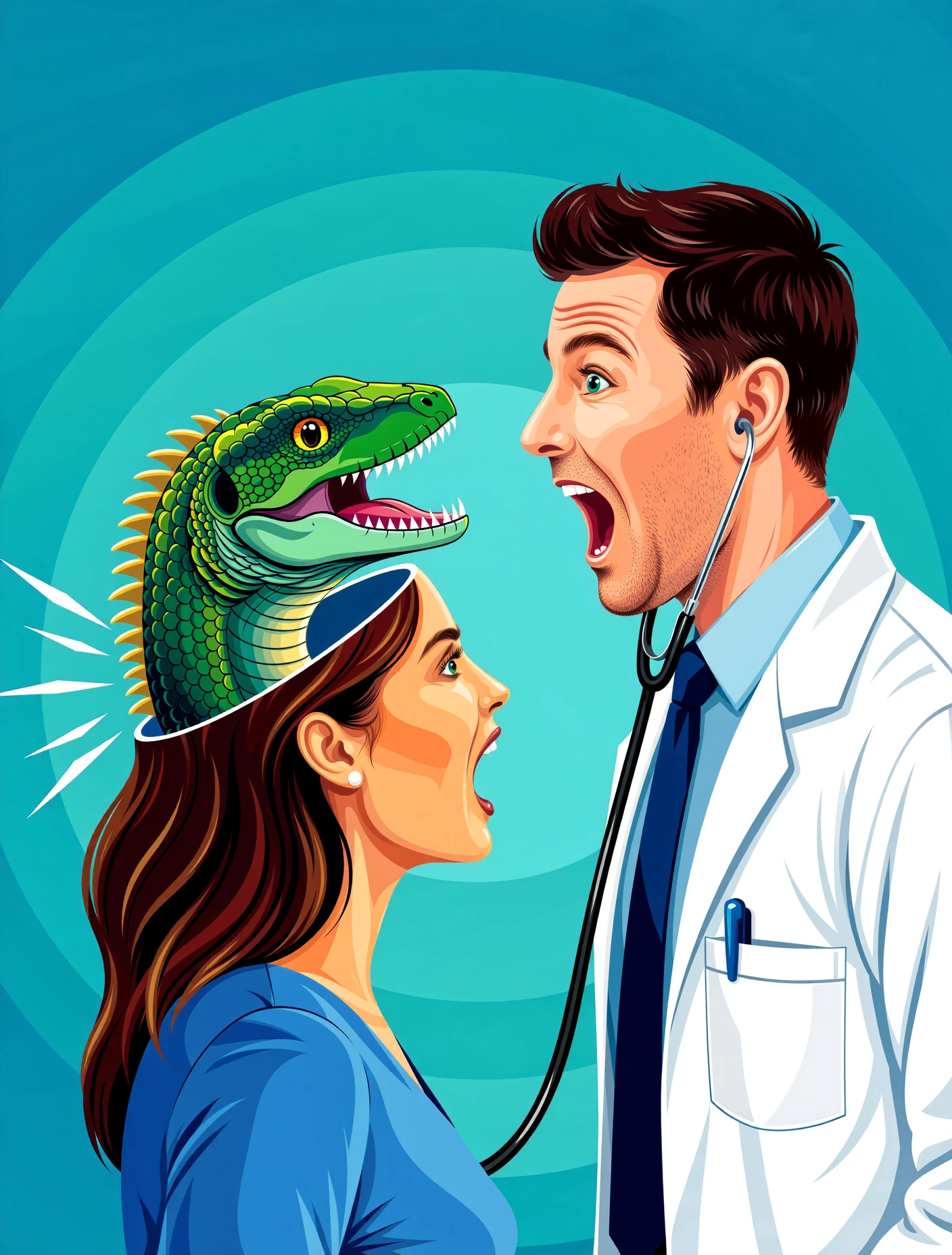 v3ct0r vector illustration A doctor shrieks and drops his stethoscope, his professional composure utterly shattered. His patient, a seemingly normal woman complaining of a headache, now has the back of her head split open, the hair and skin parting to reveal a second, smaller, reptilian alien face with glittering black eyes that hisses at him from within her skull.