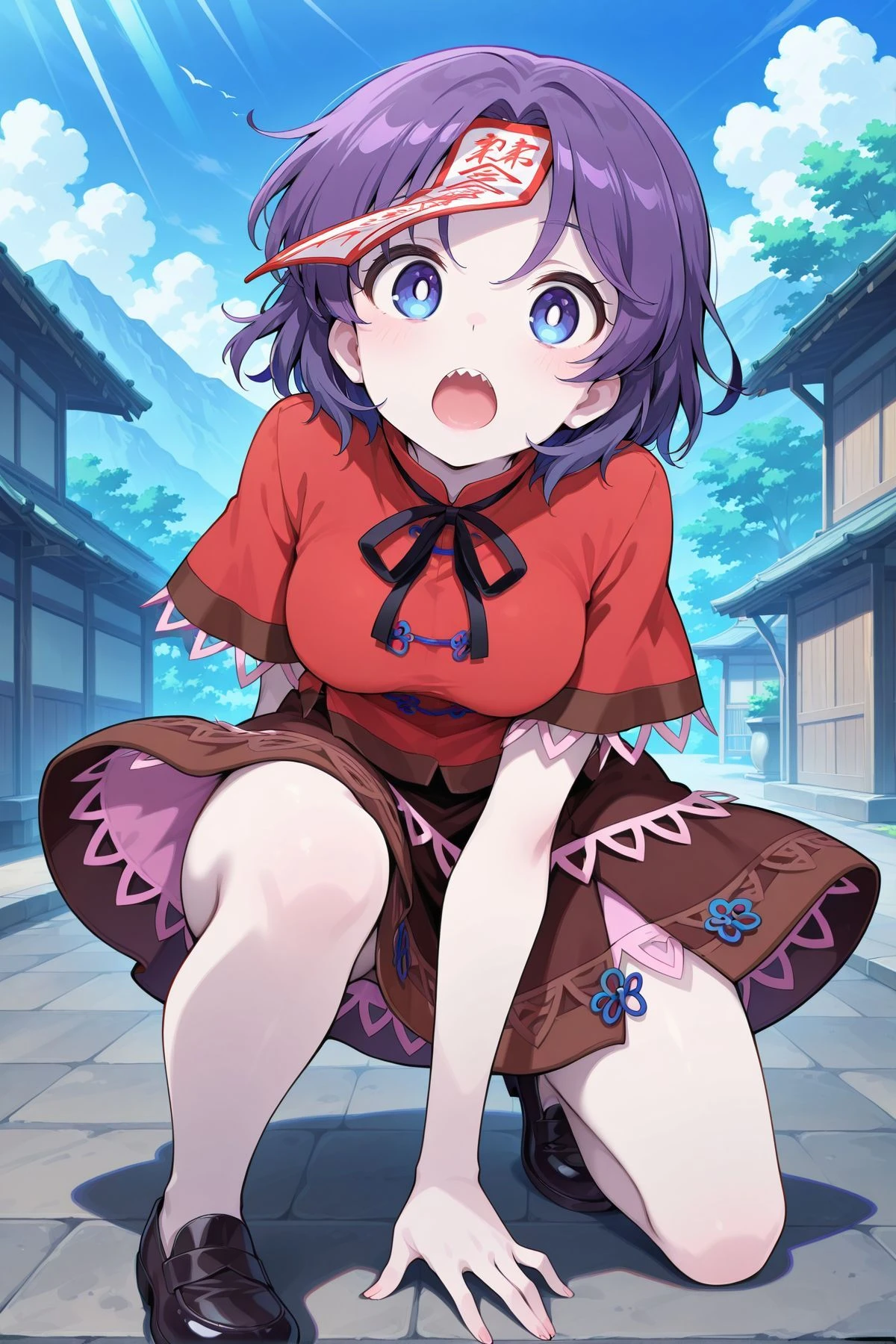 absurdres, highres, masterpiece, best quality, amazing quality, official anime artwork, screencap, anime screencap, outdoors, looking at viewer, dynamic pose, day,  
 <lora:Yoshika-Miyako_IllustriousV2:1> miyako yoshika, 1girl, solo, blue eyes, purple hair, short hair, sharp teeth, white pupils, bright pupils, pale skin, medium breasts,, black neck ribbon, red shirt, short sleeves, brown skirt, black shoes, no hat,