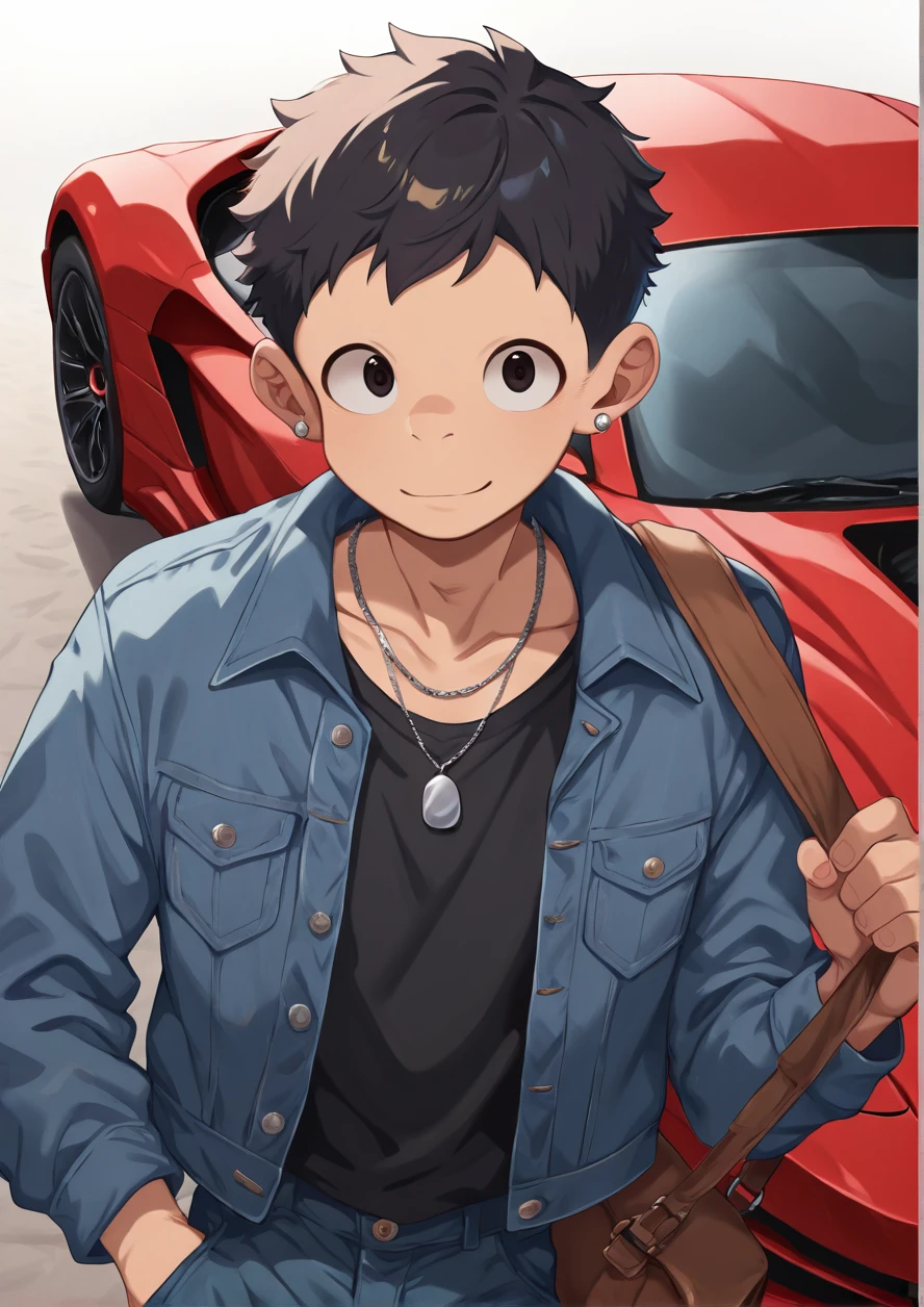 masterpiece,best quality,good quality,generate,1boy,ferrari,red super car,long sleeve,denim jacket,silver necklace,silver earrings,black highneck,looking at viewer,black hair,very short hair,brown bag,smile,bag from shoulder,dynamic angle,<lora:ããããwaryusya_IL7_32:1>, <hypernet:ããããwaryusya-20000:1>