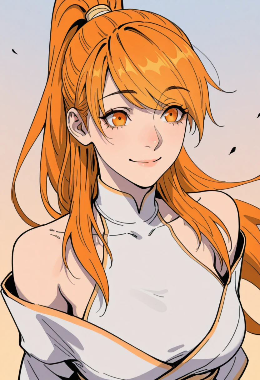 HDR, masterpiece, best quality, very aesthetic, (realistic:1.1), (flat color:1.5), xiaoninger, 1girl, solo, orange eyes, long hair, orange hair, high ponytail, sidekicks, swept bangs, eyes visible through eyes,
white dress, white kimono, bare shoulders, off shoulder, halterneck, banded high neck halter, collarbone, large breasts, detailed background, wind, happy,
arms behind on back, stretching, happy, dynamic angle
