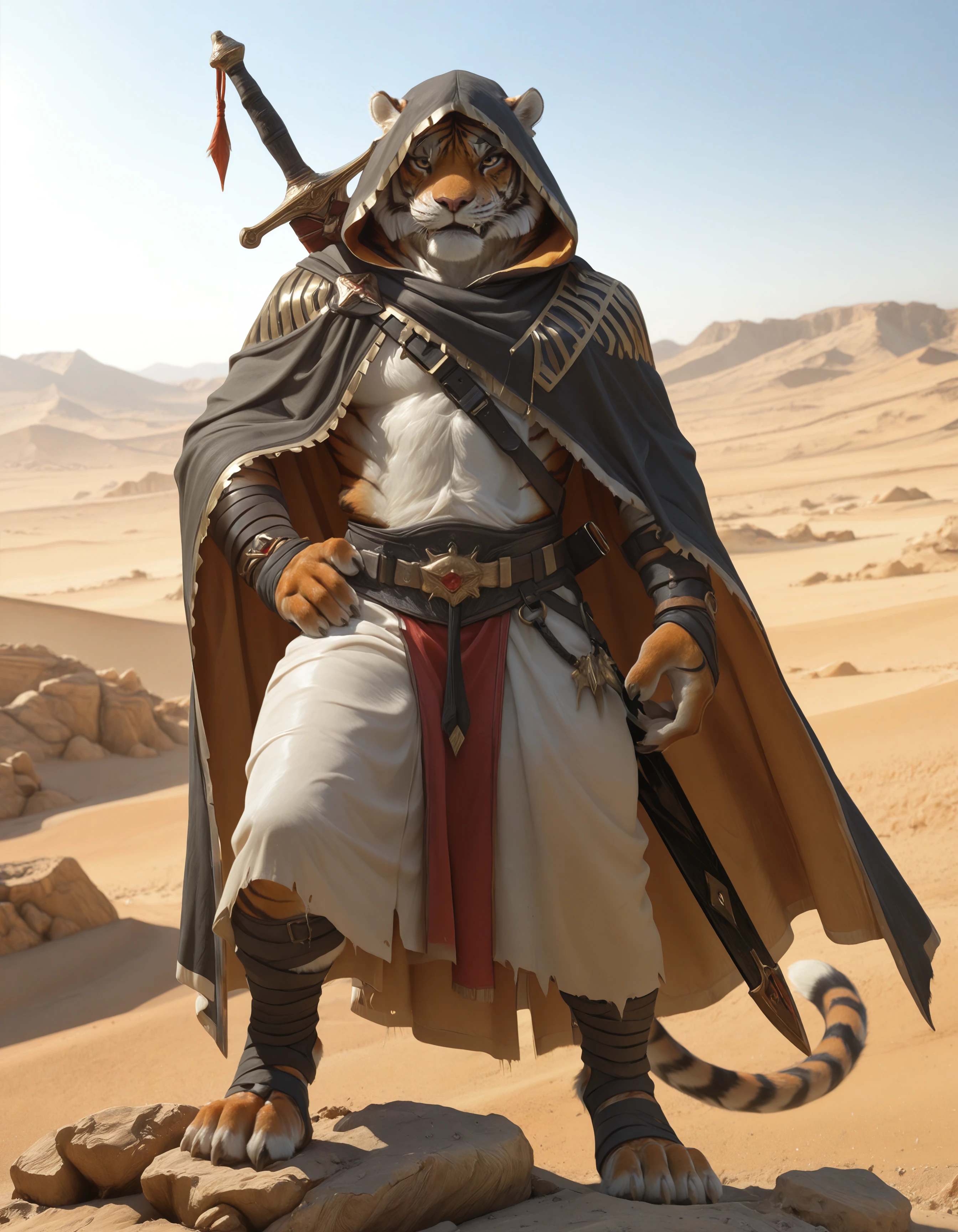 masterpiece, best quality, perfect quality, very awa, absurdres, newest, very aesthetic, photorealism, photorealistic, photo (medium),  dynamic pose,
clothes, hood, sword on hip, curved sword, desert town, village, yellow sclera, colored sclera, cloak, 
1boy, solo r4ksh4s4, tiger stripes, fangs, animal ears, fur, black stripes, anthro, sharp teeth, round ears, orange skin, white underbelly, claws, tail, 
<lora:Rakshasa for Illustrious:0.9>