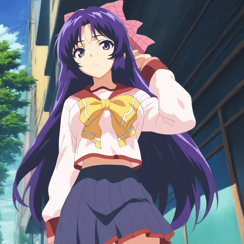 masterpiece,high score,great score,absurdres,anime coloring,looking at viewer,solo,cowboy_shot,<lora:AsukaAkiyama ag4o:1> asukaakiyama, purple hair, long hair, hair bow, purple eyes,serafuku,skirt,