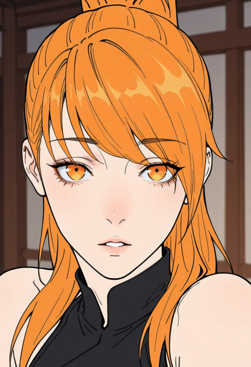 HDR, masterpiece, best quality, very aesthetic, (realistic:1.1), (flat color:1.5), xiaoninger, 1girl, solo, orange eyes, long hair, orange hair, high ponytail, sidekicks, swept bangs, eyes visible through eyes,
black shirt, sleeveless, turtleneck, bare shoulders, 
close up, pov, looking at the viewer, parted lips, half closed eyes, indoors, detailed eyes