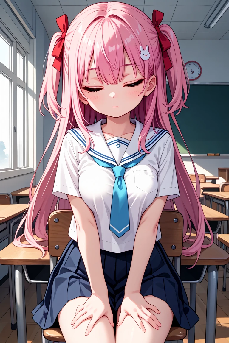 masterpiece, best quality, amazing quality, very aesthetic, absurdres,
cute round face, slender, ultra detailed eyes, ultra detailed hair, ultra beautiful,
1girl, solo,
cowboy shot, from front, expressionless, (closed eyes:1.2), closed mouth, looking at viewer,
red ribbon on hair, pink hair, two side up, , hands on thigh,
sitting on chair behind table, in classroom, white sailor, blue tie on school uniform
<lora:hotarueye_xl_closed3_v20:0.5>