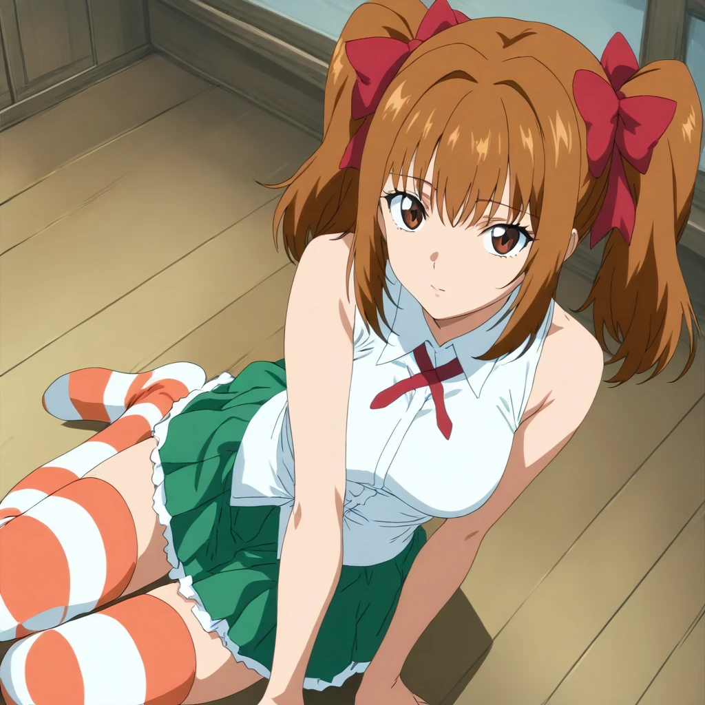 masterpiece,high score,great score,absurdres,anime coloring,looking at viewer,solo,<lora:SayakaYukimura ag4o:1> sayakayukimura, brown hair, twintails, hair bow, brown eyes,sleeveless shirt,ribbon,green skirt,striped thighhighs,