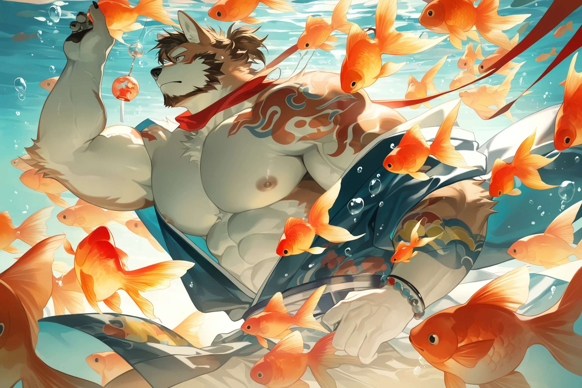 masterpiece,best quality,very awa,ultra-detailed,absurdres,huge filesize,
perfect anatomy,
(bara:1.2),muscular,muscular male,male focus,(large pectorals:1.1),furry male,1boy,furry,abs,facial hair,beard,nipples,tattoo,goldfish,mature male,bare pectorals,from side,solo,thick eyebrows,dog boy,short hair,shoulder tattoo,ponytail,dog ears,full beard,arm tattoo,strongman waist,looking ahead,brown hair,goatee,japanese clothes,kimono,open clothes,open kimono,hadanugi dousa,topless male,thick arms,veiny arms,underwater,surreal,very beautiful,floating object,dreamlike,kaza,(wind_chime:0.8),floating scarf,
<lora:Kombagavad_gita_V3.5_twilight:0.9>,