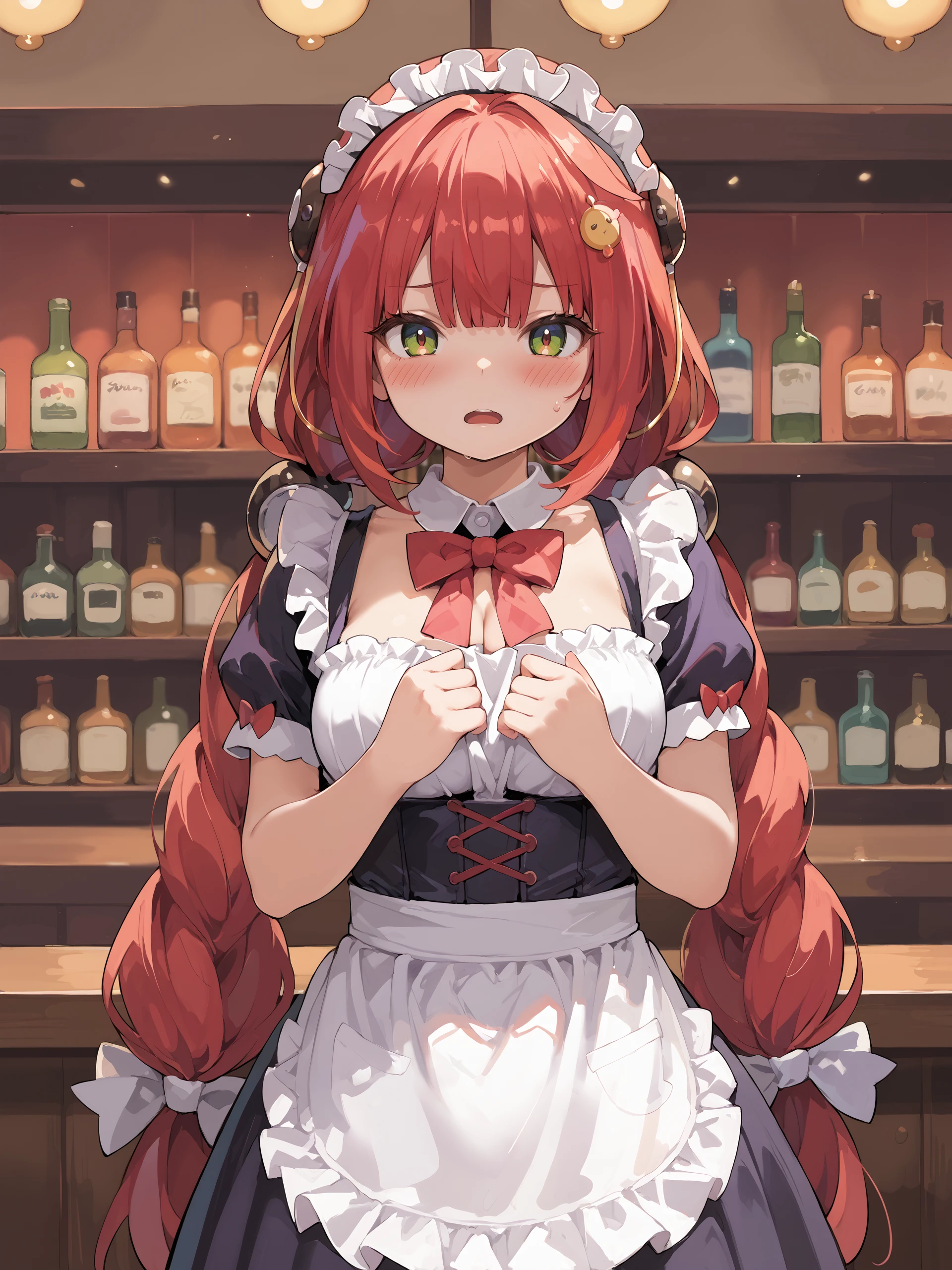 score_9, score_8_up, score_7_up, source_anime, ray tracing, best quality, <lora:Char-ZZZ-Yuzuha-V1-Pony:0.9:hr=0.6>, <lora:style-nora_higuma:0.5> <lora:style-zankuro:0.3> 1girl, solo, ukinami yuzuha, solo, twin braids, brown hairpods, hair bobbles, maid, maid headdress, maid apron, black dress, white shirt, underbust, red bowtie, embarrassed, open mouth, blush, parted lips, looking at viewer, cowboy shot, bar \(place\), indoors, depth of field