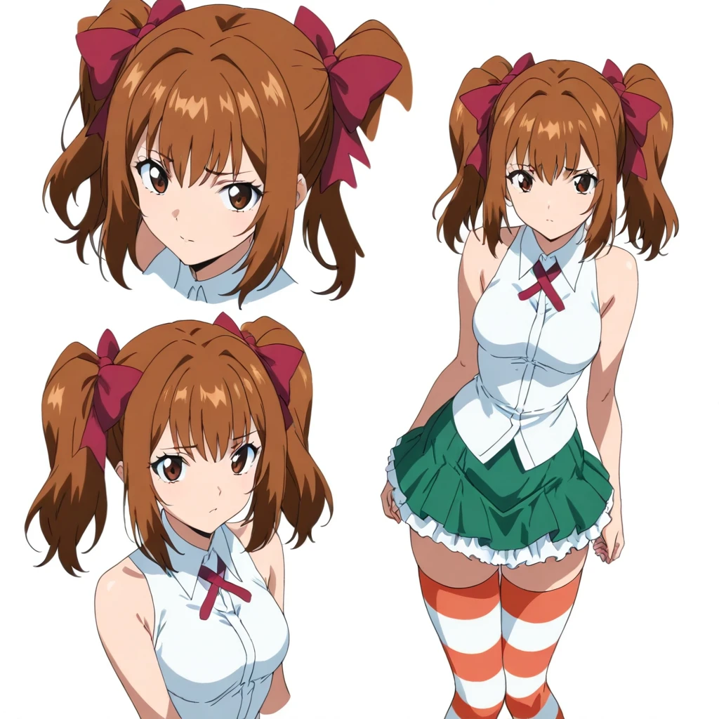 masterpiece,high score,great score,absurdres,anime coloring,looking at viewer,solo,<lora:character_Sheet_XL:0.5> character sheet, multiple views, white background,<lora:SayakaYukimura ag4o:1> sayakayukimura, brown hair, twintails, hair bow, brown eyes,sleeveless shirt,ribbon,green skirt,striped thighhighs,
