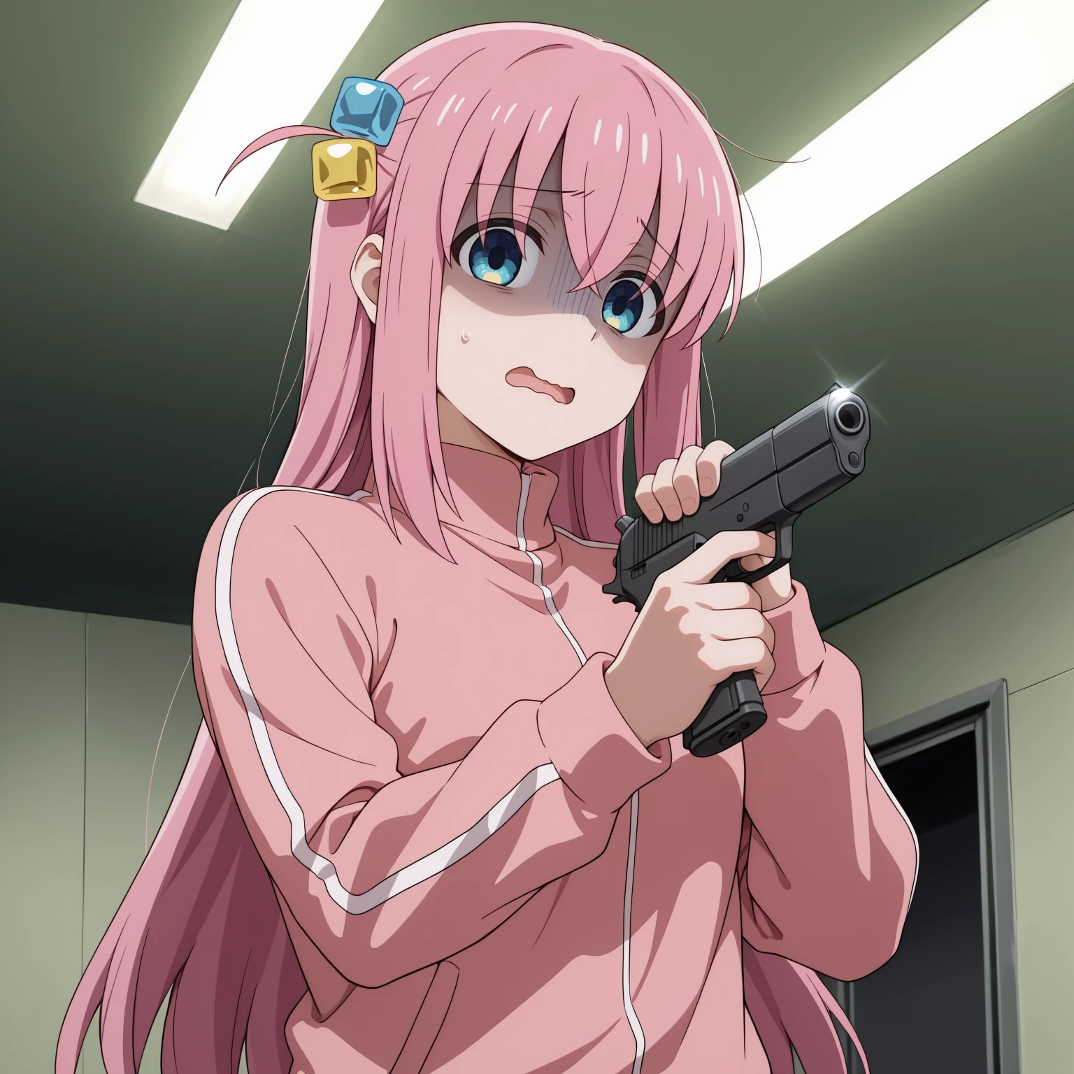holding gun, handgun, trigger discipline, 1girl, gotoh hitori, looking at viewer, open mouth, wavy mouth, partially shaded face, upper body, indoors, ceiling light, <lora:Im_a_healer_but_meme-000010:1>