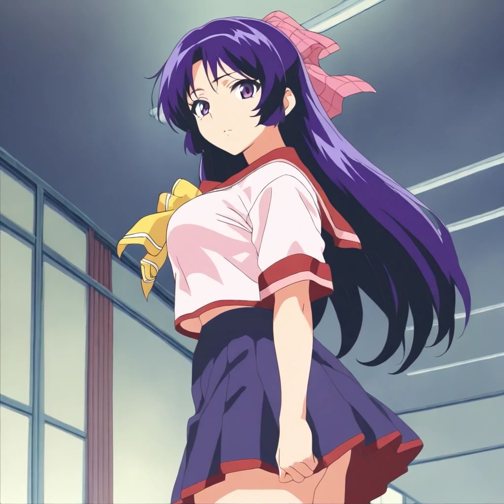 masterpiece,high score,great score,absurdres,anime coloring,looking at viewer,solo,<lora:AsukaAkiyama ag4o:1> asukaakiyama, purple hair, long hair, hair bow, purple eyes,serafuku,skirt,