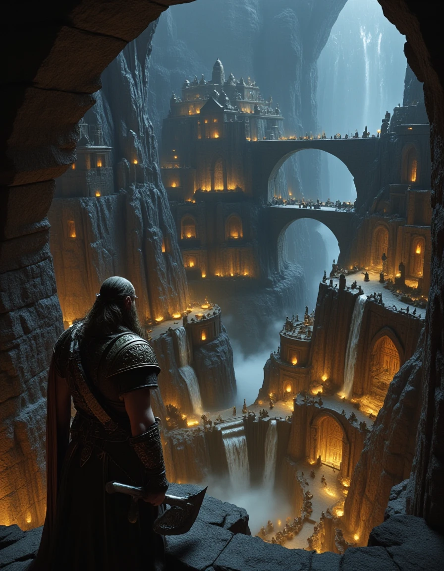 <lora:MW_Dwarven_betaflux:1> ancient dwarven warrior in the foreground, battle-worn armor, long braided beard, massive engraved axe resting at his side, standing on a crumbling stone balcony overlooking an immense underground cavernous metropolis, colossal stone bridges spanning across bottomless chasms, endless waterfalls cascading into the abyss, glowing lanterns carried by dwarves marching in the distance, countless homes and halls carved deep into the cliff sides, golden windows shining in the darkness, monumental arches and statues, glowing runes etched into the stone, mist rising from below illuminated by fiery forges, breathtaking scale, dramatic cinematic perspective, fantasy underground kingdom, atmosphere of awe, epic grandeur, dwarven engineering marvel, highly detailed, dark fantasy mood