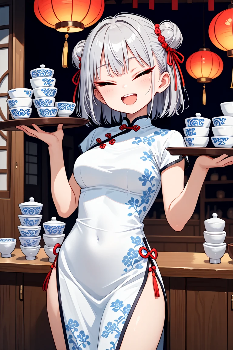 masterpiece, best quality, amazing quality, very aesthetic, absurdres,
cute round face, slender, detailed eyes, detailed hair, kawaii,
1girl, solo,
wearing chinese dress,
smile, open mouth, (closed eyes:1.3), (tsurime:1.2),
standing, holding tray with chinese cups, cowboy shot,
in chinese traditional shop, ultra detailed background,
,
grey hair, red eyes
<lora:hotarueye_xl_closed3_v20:1>
