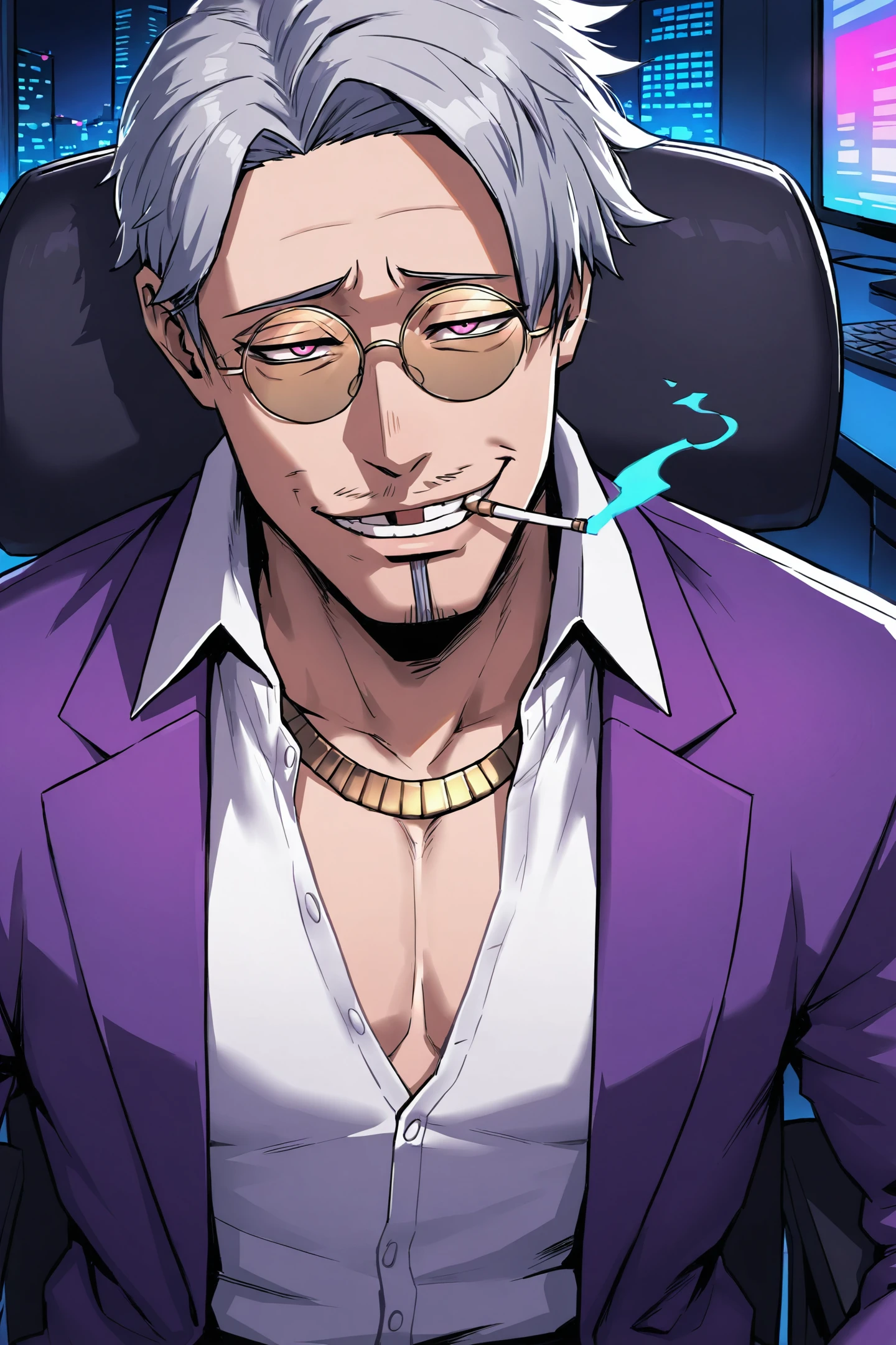 masterpiece, best quality, absurdres, detailed face, character portrait, detailed eyes, night, office, man sitting in desk chair, dynamic lighting, neon glow, closeup,
((1boy, solo)), <lora:Giran_SDXL:1>, centered, mature man, masculine, gray hair, swept hair, pink eyes, purple suit, white shirt, gold-rimmed tinted glasses, gold necklace, open-collar, tooth gap, smirk, smoking a cigarette