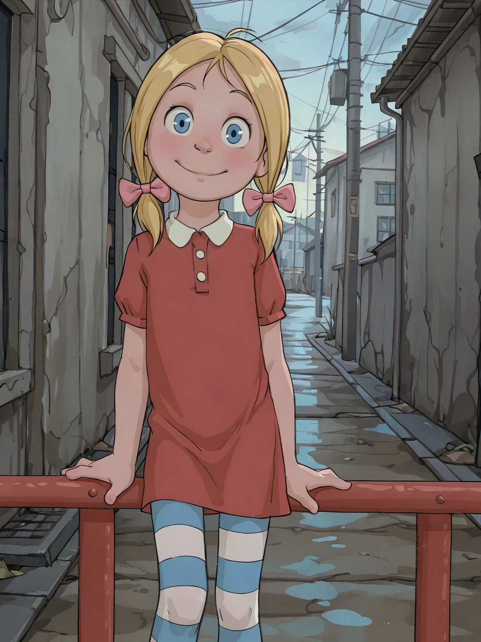 masterpiece, best quality, highres, absurdres, ultra detailed, amazing quality, 4nn1e, 1girl, solo, blue eyes, blonde hair, twintails, hair bow, red dress, striped pantyhose, smile, lloking at viewer  <lora:Annie_IllustriousXL11:0.8>