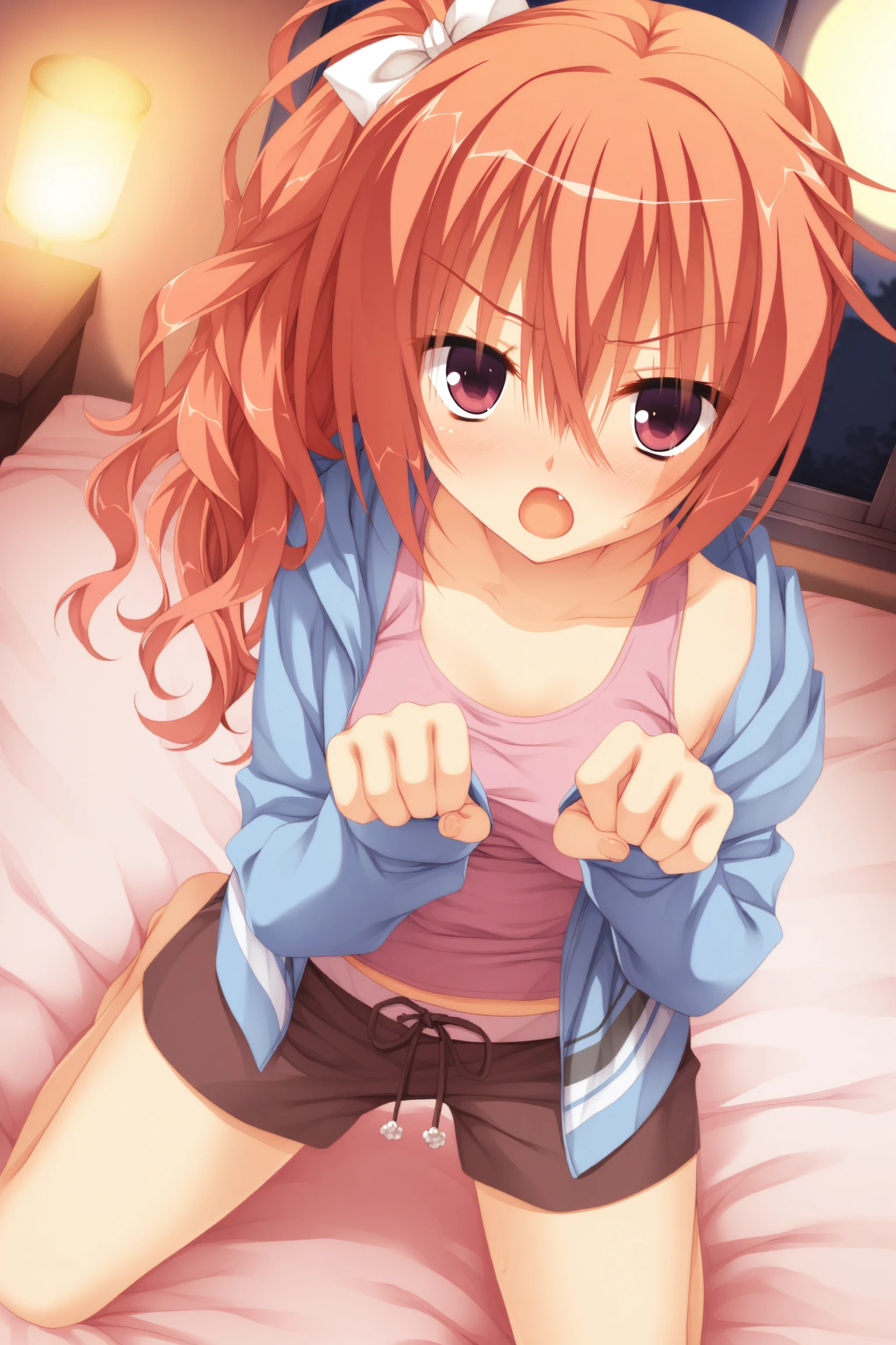 masterpiece,best quality,amazing quality,game cg,, inaba meguru,meguru_roomwear,
long hair,orange hair,red eyes,
side ponytail,brown shorts,hair bow, hood, hood down, open hoodie,pink tank top,blue hoodie,, blush,dynamic pose,looking at viewer,open mouth,
indoors, hands_up, kneeling on bed,
paw_pose, claw_pose,from_above,
at night,nighttime indoors,warm lighting,window with moonlight,v-shaped eyebrows,
, 1girl,solo,
nsfw,