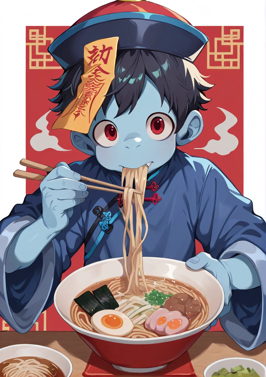 masterpiece,best quality,good quality,1boy,chopsticks,noodles,solo,food,black hair,qing guanmao,jiangshi,ramen,hat,eating,red eyes,ofuda,chinese clothes,bowl,blue skin,fang,looking at viewer,<lora:ããããwaryusya_IL7_64:1> <hypernet:ããããwaryusya-20000:1>