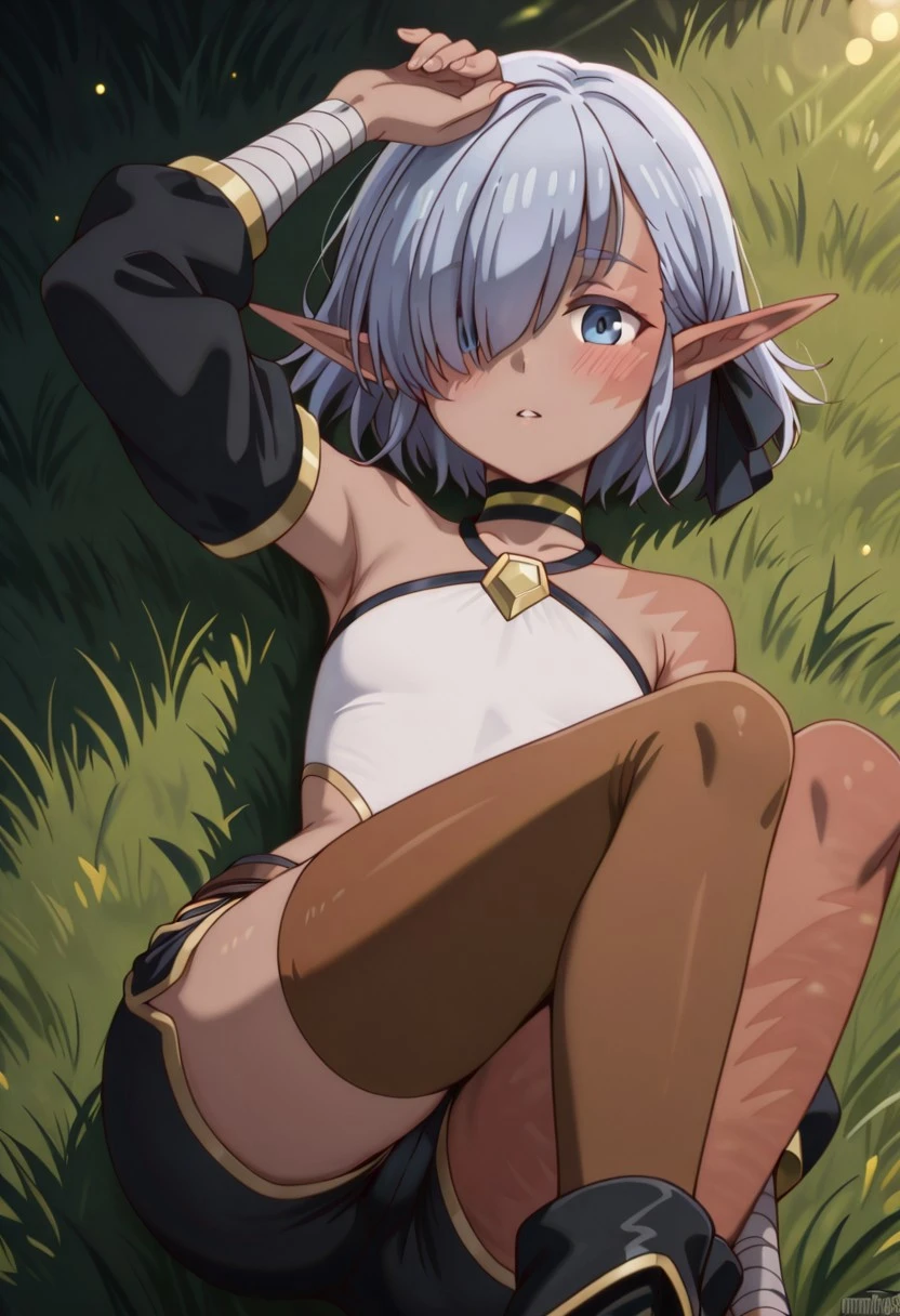 masterpiece, best quality, amazing quality, dynamic view,  solo, dynamic view,  solo, 1girl, masterpiece, best quality, bokeh, luminescent background, 
(cariaerful,,
 dark elf, dark-skinned female, short hair,  blue hair, hair over one eye, blue eyes, pointy ears, bandaged arm, black choker, burn on face, burn on side, burnt arm, burnt leg, flat chest,,
 white top,  halterneck, bare shoulders,  detached sleeves, black shorts, short shorts, single thighhigh, boots,,
) 
looking_at_viewer, 1girl, masterpiece, best quality, bokeh, luminescent background, girl, solo, arm up, blush, looking at viewer, lying, on back, parted lips, grass, sunlight,