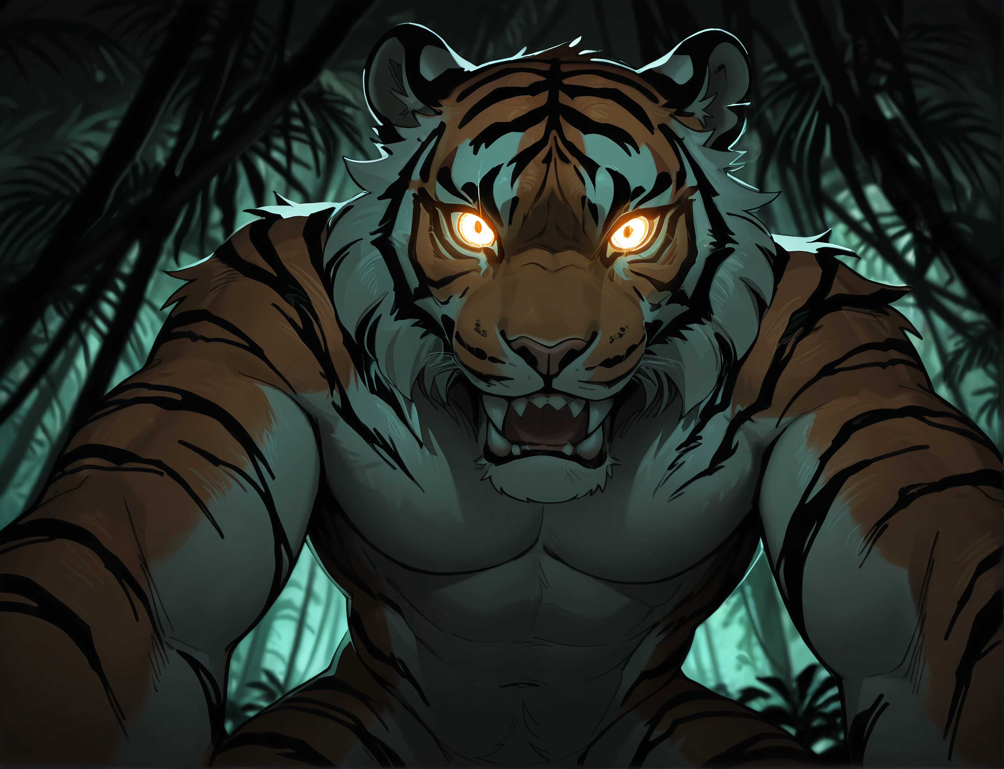 masterpiece, best quality, very aesthetic, new, 2024, perfect eyes, masterpiece, best quality, amazing quality, very aesthetic, high resolution, ultra-detailed, absurdres, 
1boy, (solo), (jungle), low light, (dim lighting), dark, pitch black, 
glowing eyes, stalking viewer, dynamic pose, hidden in jungle, ((hidden in foilage)), leafs, (lower body hidden), 
r4ksh4s4, tiger stripes, fangs, sharp teeth, animal ears, fur, black stripes, anthro, sharp teeth, round ears, orange skin, white underbelly
<lora:Rakshasa for Illustrious:0.9>, <lora:Analogue_Horror:0.8>,