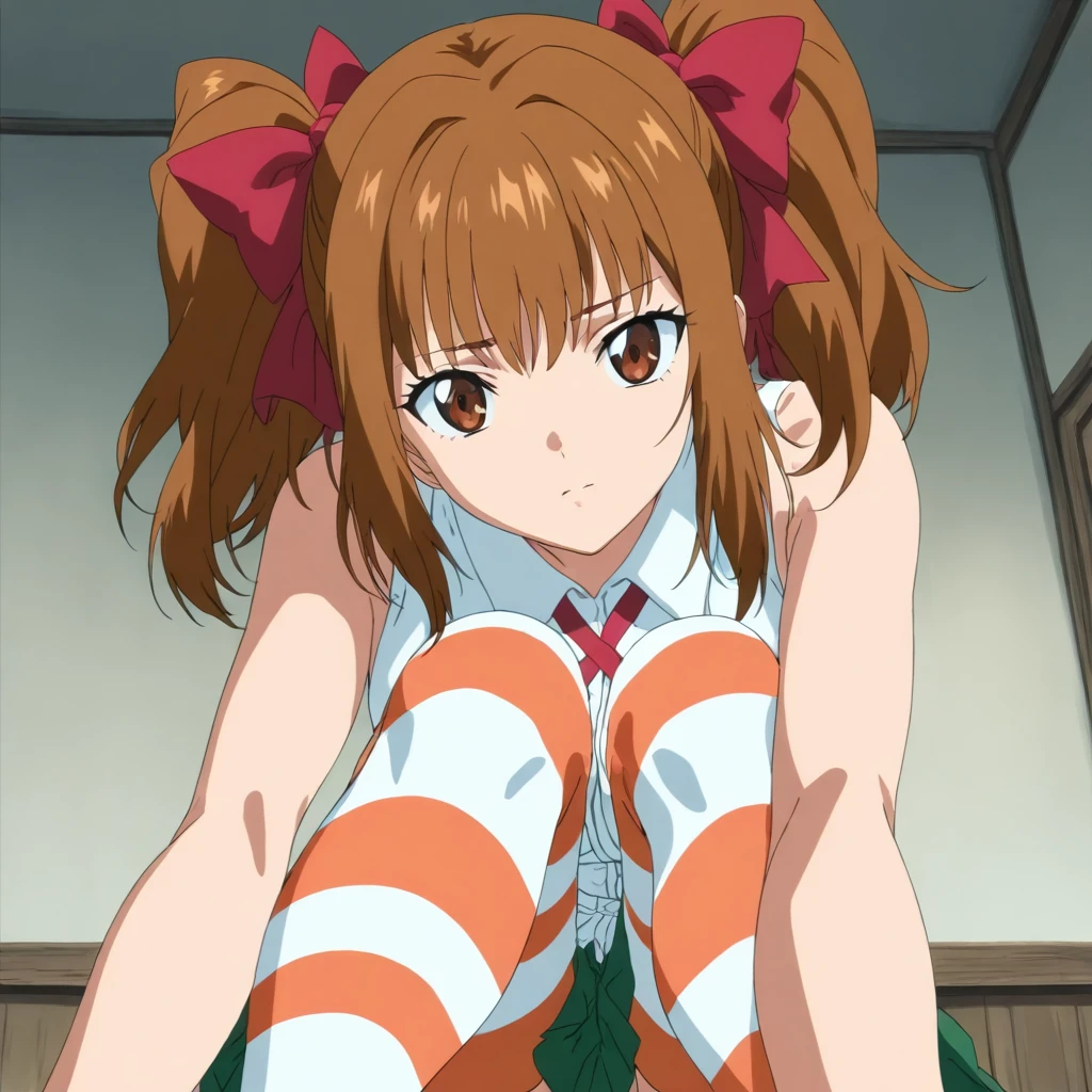 masterpiece,high score,great score,absurdres,anime coloring,looking at viewer,solo,<lora:SayakaYukimura ag4o:1> sayakayukimura, brown hair, twintails, hair bow, brown eyes,sleeveless shirt,ribbon,green skirt,striped thighhighs,