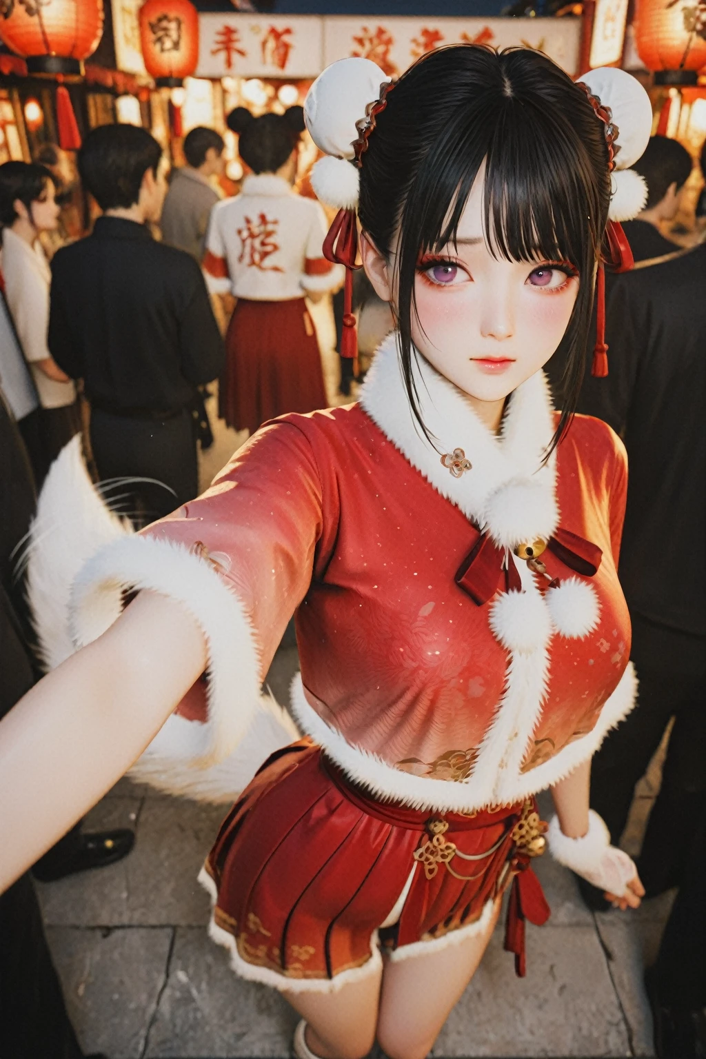 ,1girl,fur trim,full body,white footwear,no_hat,(skirt:1.3),(red skirt:1.3),bell,black hair,chinese clothes,capelet,double bun,fingerless gloves,fox tail,white tail,pom pom (clothes),purple eyes,
Chinese ancient New Year night market,red lanterns,(Hanfu crowds:1.3),crowd,vendors,firework sparks,festive couplets,standing,curvy,oval face,makeup,fundoshi,long_eyelashes,cowboy_shot,from_above,foreshortening,flustered,tail_wagging,shy,side head,
,<lora:æ°¸å«æ é´è¡æ¡æ¥æ¡ç¬SDXL:0.7>,<lora:amateur_style_v1_pony:3>, (masterpiece:1.2),best quality,masterpiece,highres,original,extremely detailed wallpaper,perfect lighting,(extremely detailed CG:1.2),