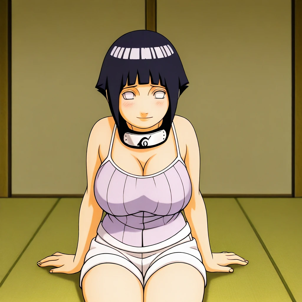 hyuuga hinata, 1girl, black hair, short hair, white eyes, no pupils,large breasts, tank top, cleavage, camisole, short shorts,white shorts, barefoot, <lora:hinako_(issho_ni_training)_Illustrious-XL-2.0-v1:1>, masterpiece,best quality,amazing quality, 1girl, solo, sitting, (dynamic_pose),  blush,closed mouth,light smile,  looking at viewer,cowboy shot, (indoors, )