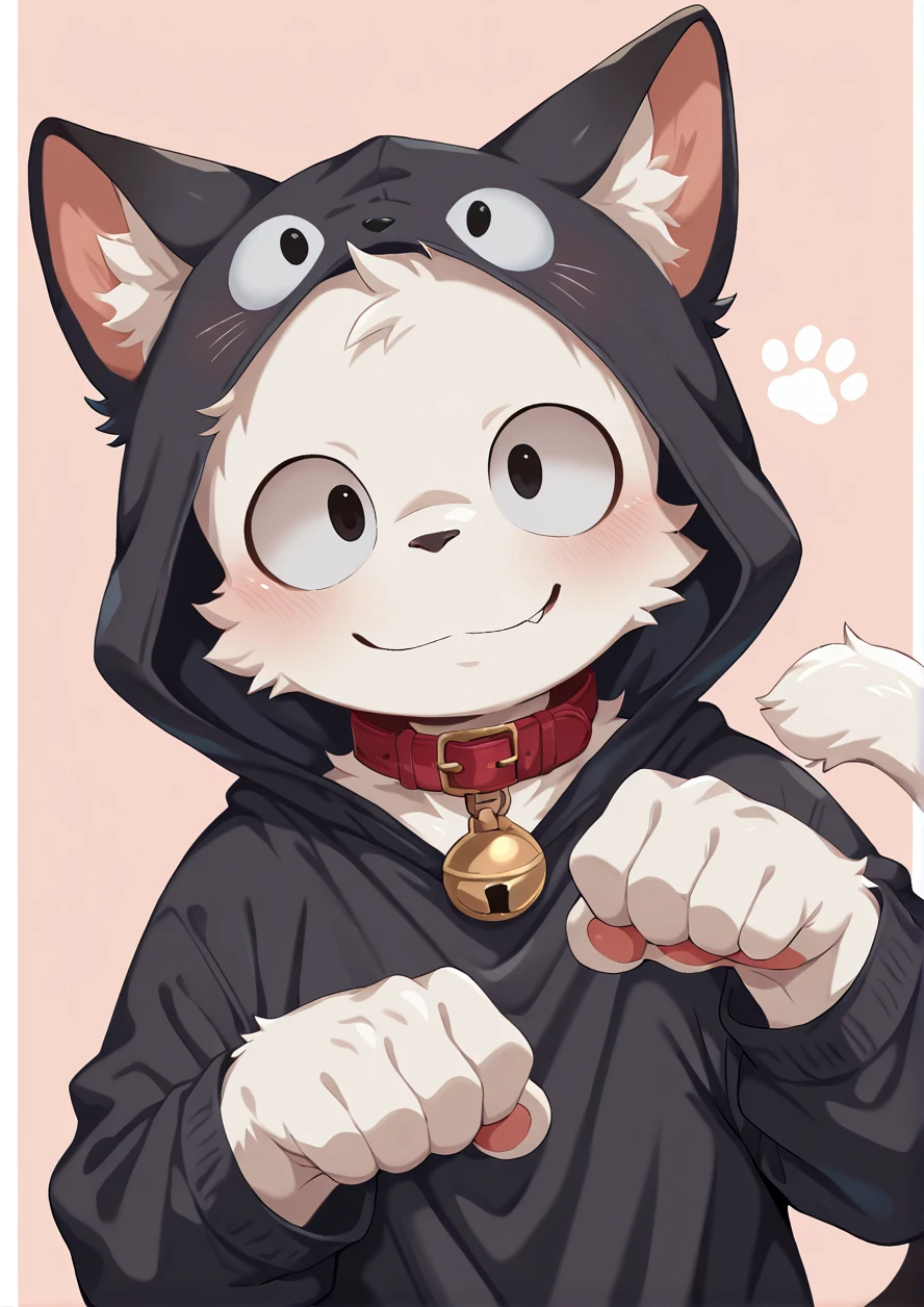 masterpiece,best quality,good quality,1boy,solo,furry boy,round eyes,sanpaku,furry,white fur cat,black cat costume,cat ears,white cat tails,cat collar,pink background,simple background,cat pose,cute smile,fang,blush,<lora:ããããwaryusya_IL7_64:1> <hypernet:ããããwaryusya-20000:1>