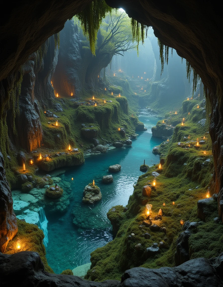 <lora:MW_Dwarven_betaflux:1> hidden underground valley, lush green moss and glowing mushrooms covering the cavern floor, clear streams running into a crystal-blue underground pond, dwarven terraces carved into the rock walls, glowing lanterns lighting cultivated fields, colossal roots of ancient trees piercing through the stone ceiling, dwarven farmers tending crops beneath towering statues, soft golden light glowing from enchanted crystals, tranquil and sacred atmosphere, epic cinematic perspective, fantastical dwarven underground paradise