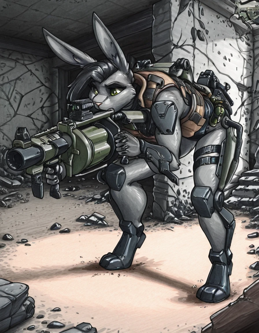 anthro bunny, exoskeleton, load bearing vest, grenade launcher, crouching, stepping, solo, aiming, bent over, moving, ewgengster, traditional art, ruins, action