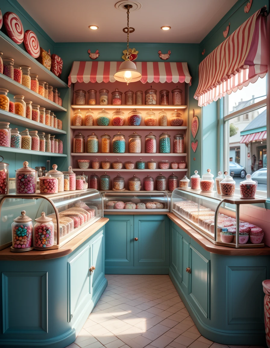 A whimsical candy shop filled with shelves overflowing with colorful sweets, glass jars of lollipops, gummy bears, and chocolates. The shop interior glows warmly, with pastel-painted walls, striped awnings, and a playful, nostalgic atmosphere that feels magical and inviting.
<lora:whimsical_candy_sh0p-p:1>whimsical candy sh0p score_9, score_8_up, score_7_up,amazing quality, ultra realistic, 3D, HD, best quality, amazing quality, very aesthetic, absurdres