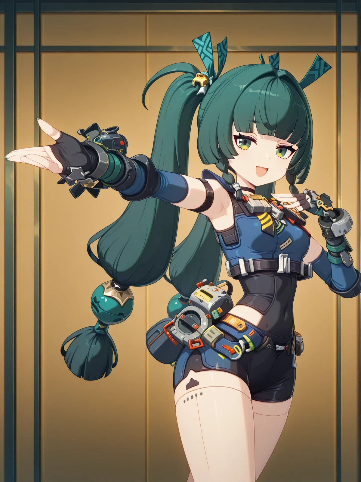 masterpiece, best quality, amazing quality,, <lora:zzz-qingyi-ingame-illustriousxl-lora-nochekaiser:1>, qingyi, qingyi (zenless zone zero), android, green eyes, green hair, long hair, twintails, very long hair, sphere hair ornament, mature female, small breasts, 3d, <lora:curebeauty-pose-illustriousxl-lora-nochekaiser:1>, curebeauty pose, solo, smile, open mouth, standing, :d, outstretched arm, hands up,, , ,