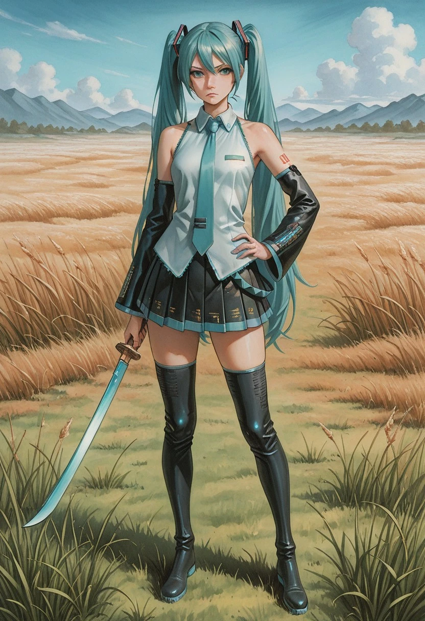 P_T_K, w_c, traditional media, painting (medium), masterpiece, best quality, absurdres, asian, 1girl, solo, female focus, Hatsune Miku, aqua hair, twintails, aqua eyes, necktie, collared shirt, sleeveless, detached sleeves, tattoo, skirt, pleated skirt, thigh boots, standing, full body, plain, outdoors, grass, hand on own hip, holding sword, dao, serious expression,