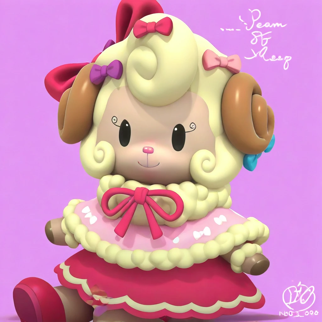 1girl, (anthro, furry, furry female) lulubelle, sheep, (light pink skin, cream fur, bodyfur), light brown sheep horns, hot pink nose, short hair, curly hair, cream hair, big eyes, dot eyes, black eyes, curled eyelashes, hot pink strapless sleeveless dress, white trim, (white trim on hot pink strapless sleeveless dress), pink fur-trimmed ribboned capelet, (fur-trimmed ribboned capelet layered on top of dress), cream fur_trim, bows, too many bows, pink bows, purple bows, blue bow, hair ribbons, hair bow, hot pink shoes